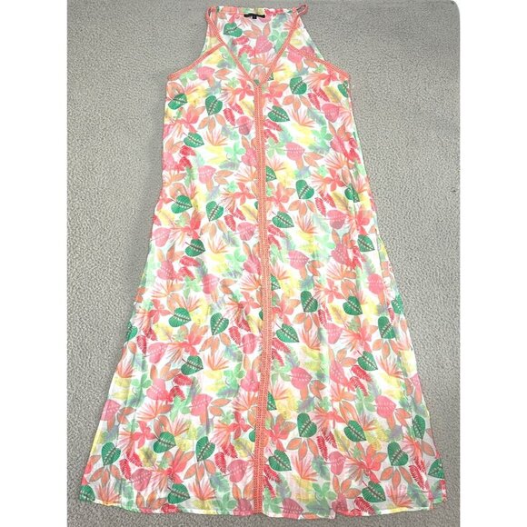 America Beyond Floral Maxi Dress Halter Neon Tropical Lightweight Slits - Picture 1 of 16